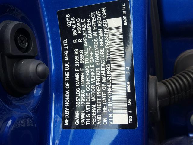 SHHFK7H94JU218833 - 2018 HONDA CIVIC SPOR BLUE photo 10
