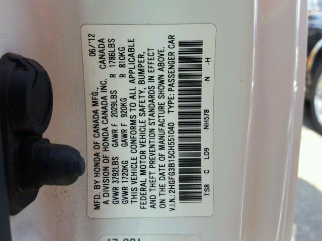 2HGFG3B15CH551040 - 2012 HONDA CIVIC EXL Ağ foto 10