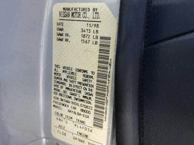 3N1AB41D0XL070833 - 1999 NISSAN SENTRA BAS SILVER photo 10