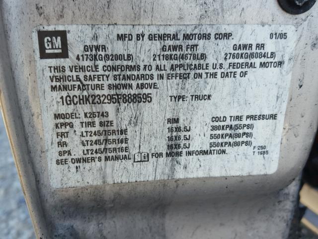 1GCHK23295F888595 - 2005 CHEVROLET SILVERADO BURN photo 10