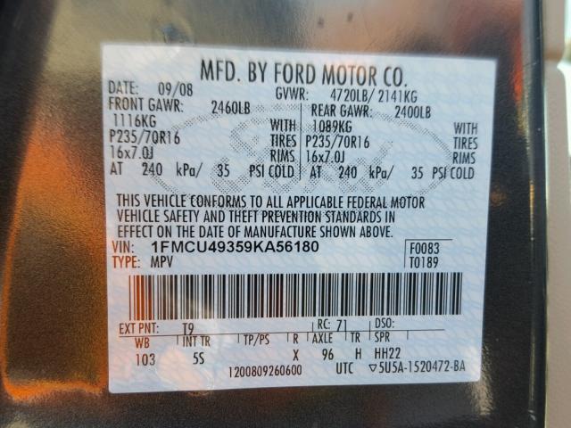 1FMCU49359KA56180 - 2009 FORD ESCAPE HYB CHARCOAL photo 10