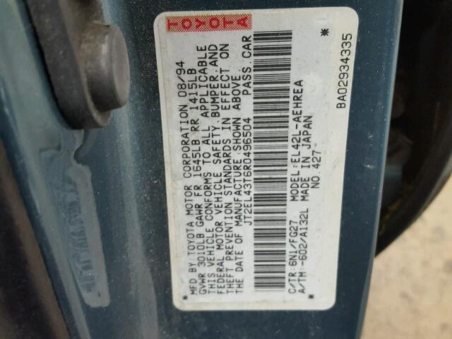 JT2EL43T6R0496504 - 1994 TOYOTA TERCEL DX BLUE photo 10