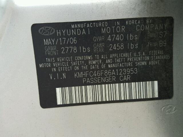 KMHFC46F86A123953 - 2006 HYUNDAI AZERA SE SILVER photo 10