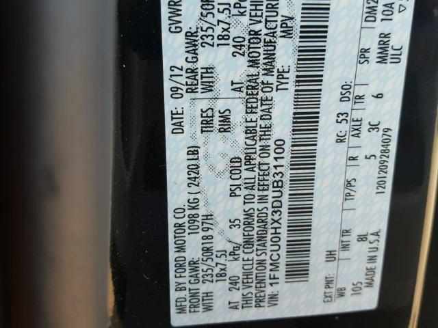 1FMCU0HX3DUB31100 - 2013 FORD ESCAPE SEL BLACK photo 10