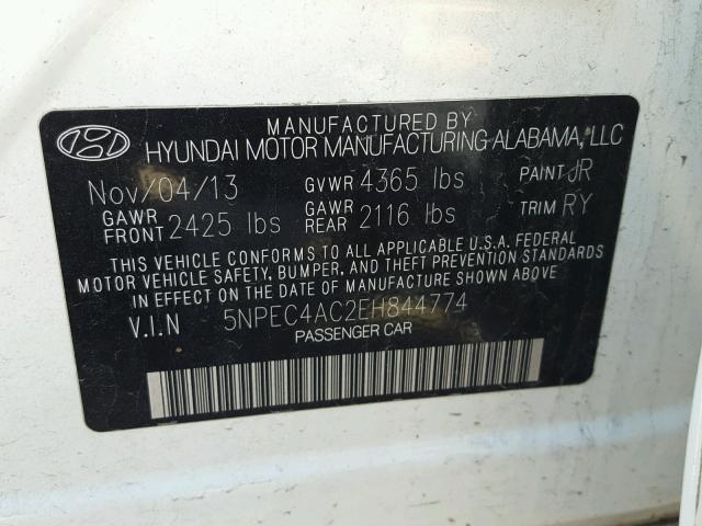 5NPEC4AC2EH844774 - 2014 HYUNDAI SONATA SE WHITE photo 10