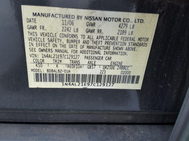 1N4AL21E97C129127 - 2007 NISSAN ALTIMA 2.5 GRAY photo 10