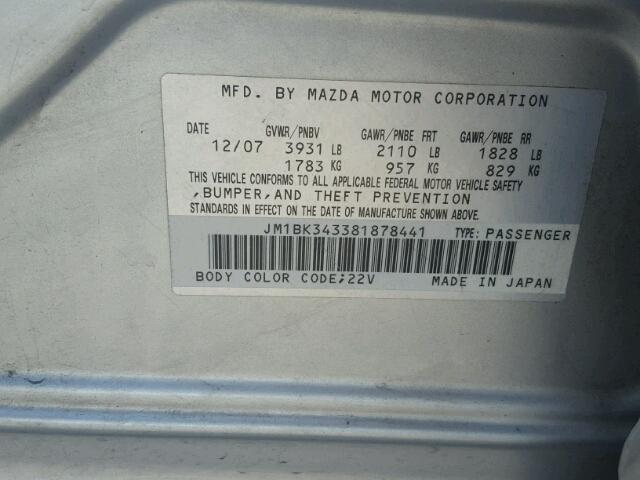 JM1BK343381878441 - 2008 MAZDA 3 HATCHBAC SILVER photo 10