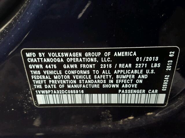 1VWBP7A32DC085916 - 2013 VOLKSWAGEN PASSAT SE BLUE photo 9