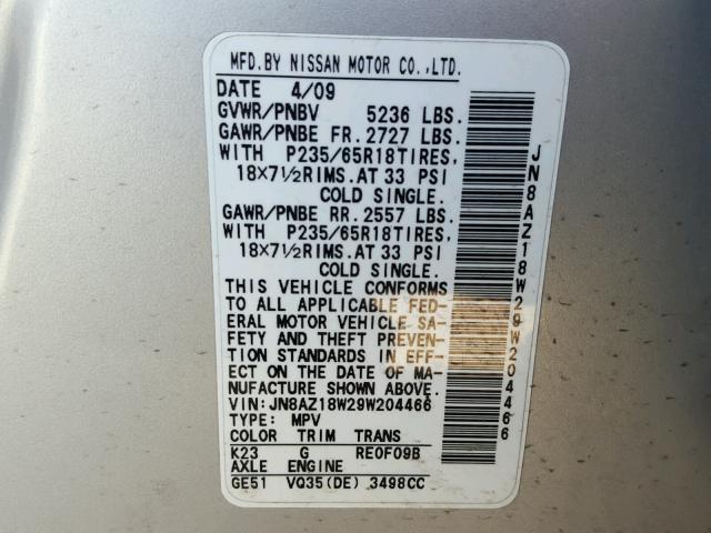 JN8AZ18W29W204466 - 2009 NISSAN MURANO S SILVER photo 10