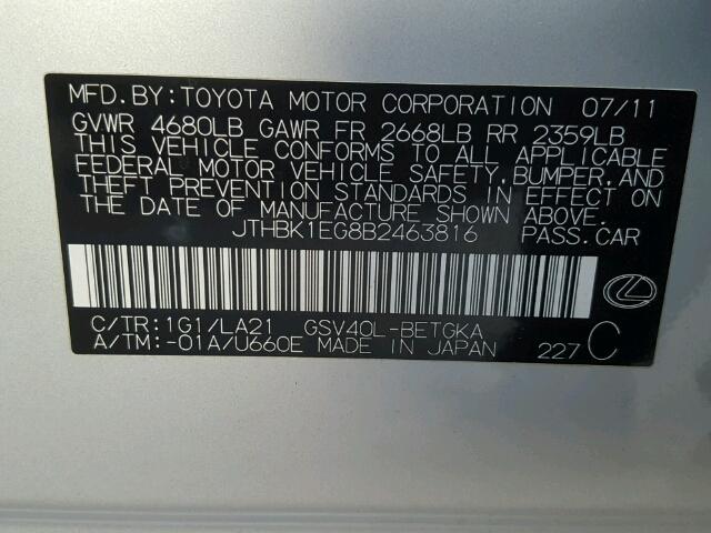 JTHBK1EG8B2463816 - 2011 LEXUS ES 350 SILVER photo 10