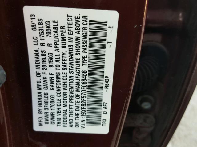 19XFB2F57DE068456 - 2013 HONDA CIVIC LX MAROON photo 10