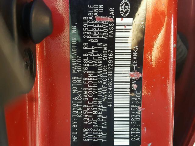 4T1BE46K38U229167 - 2008 TOYOTA CAMRY CE RED photo 10