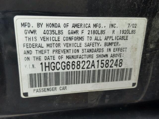 1HGCG66822A158248 - 2002 HONDA ACCORD BLACK photo 10