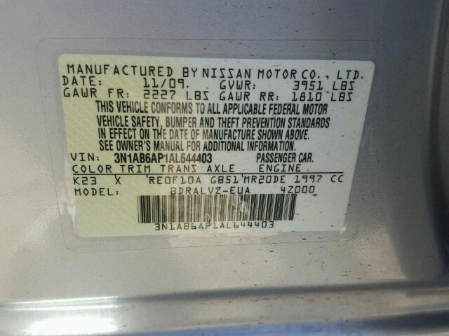 3N1AB6AP1AL644403 - 2010 NISSAN SENTRA SILVER photo 10