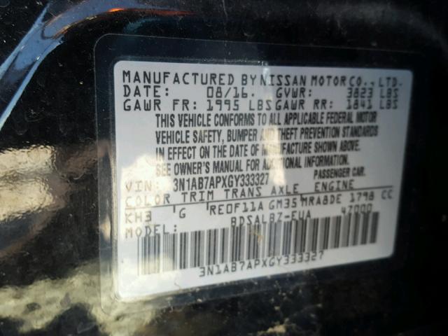 3N1AB7APXGY333327 - 2016 NISSAN SENTRA S BLACK photo 10