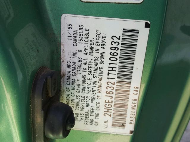 2HGEJ6321TH106932 - 1996 HONDA CIVIC CX GREEN photo 10