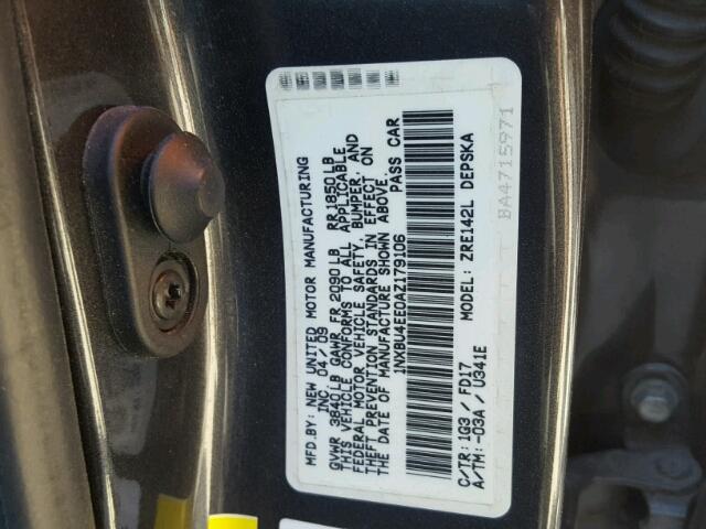 1NXBU4EE0AZ179106 - 2010 TOYOTA COROLLA BA GRAY photo 10