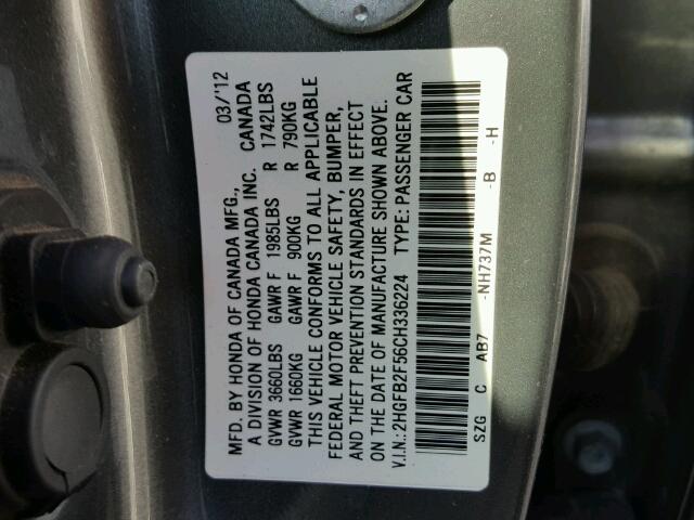 2HGFB2F56CH336224 - 2012 HONDA CIVIC LX GRAY photo 10