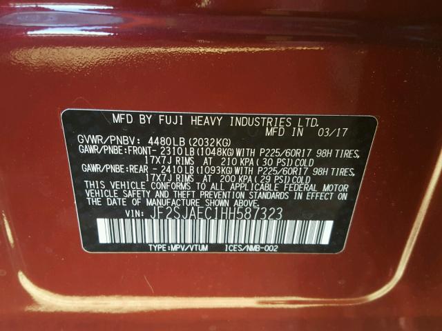 JF2SJAEC1HH587323 - 2017 SUBARU FORESTER 2 RED photo 10