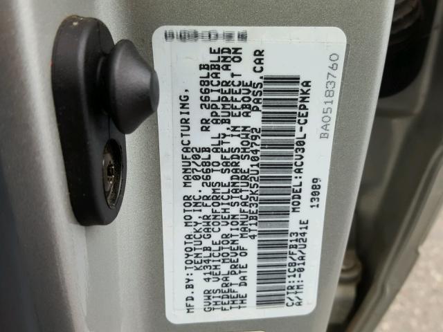 4T1BE32K52U104792 - 2002 TOYOTA CAMRY LE SILVER photo 10