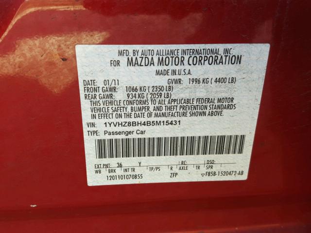 1YVHZ8BH4B5M15431 - 2011 MAZDA 6 I RED photo 10