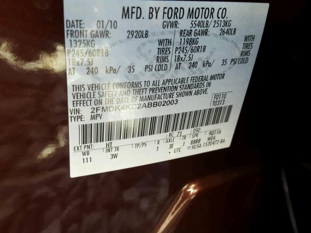2FMDK4KC2ABB02003 - 2010 FORD EDGE Коричневий фото 10