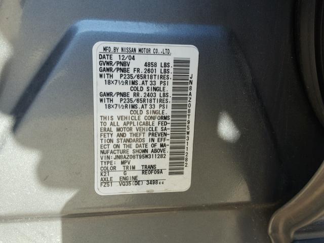 JN8AZ08T95W311282 - 2005 NISSAN MURANO GRAY photo 10