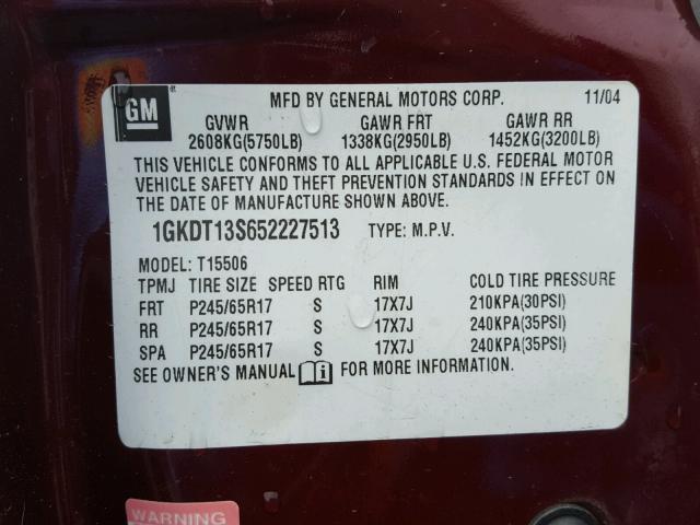 1GKDT13S652227513 - 2005 GMC ENVOY MAROON photo 10