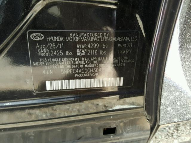 5NPEC4AC0CH364214 - 2012 HYUNDAI SONATA SE BLACK photo 10