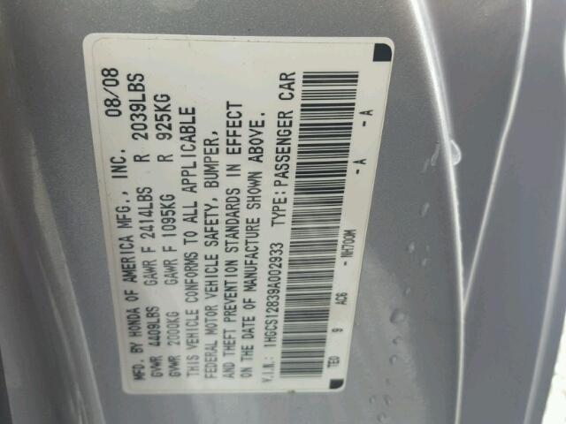 1HGCS12839A002933 - 2009 HONDA ACCORD EXL SILVER photo 10