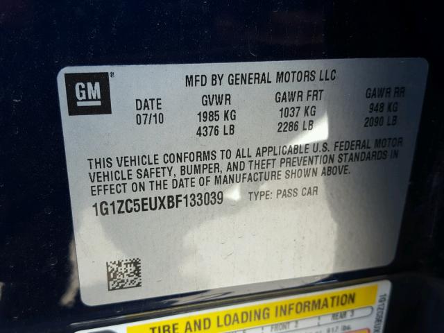 1G1ZC5EUXBF133039 - 2011 CHEVROLET MALIBU 1LT ლურჯი ფოტო 10