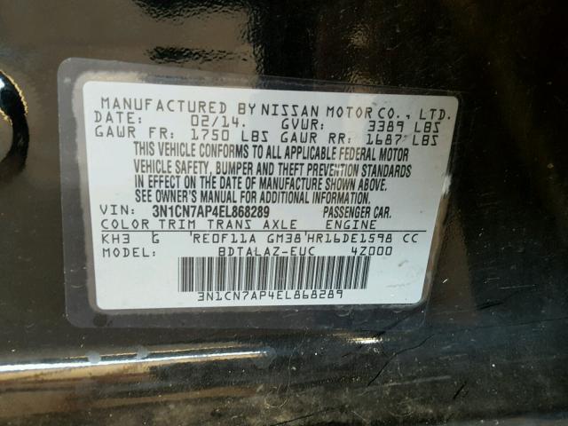 3N1CN7AP4EL868289 - 2014 NISSAN VERSA S BLACK photo 10