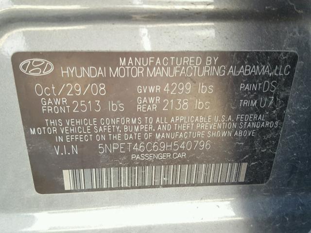 5NPET46C69H540796 - 2009 HYUNDAI SONATA GLS GRAY photo 10