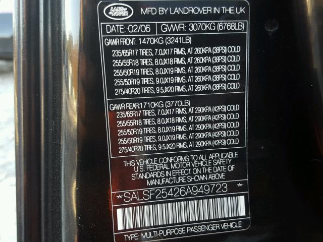 SALSF25426A949723 - 2006 LAND ROVER RANGE ROVE BLACK photo 10