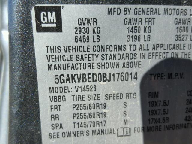 5GAKVBED0BJ176014 - 2011 BUICK ENCLAVE CX GRAY photo 10