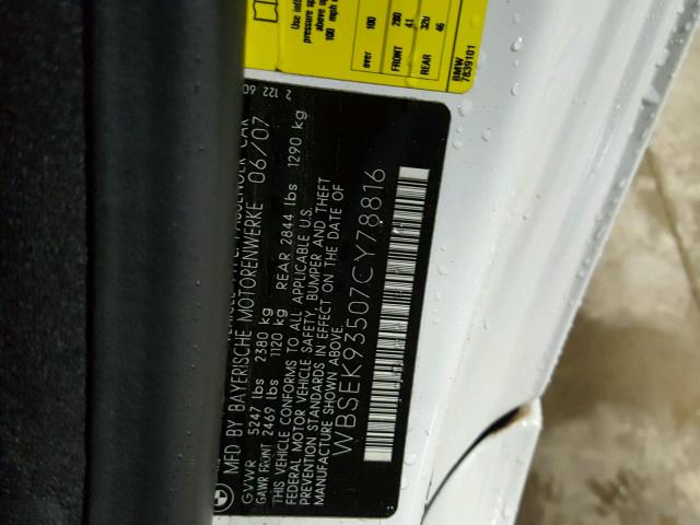 WBSEK93507CY78816 - 2007 BMW M6 WHITE photo 10