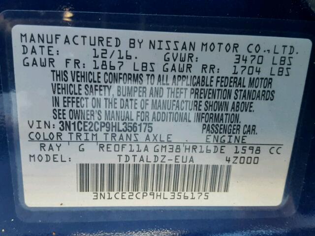 3N1CE2CP9HL356175 - 2017 NISSAN VERSA NOTE BLUE photo 10