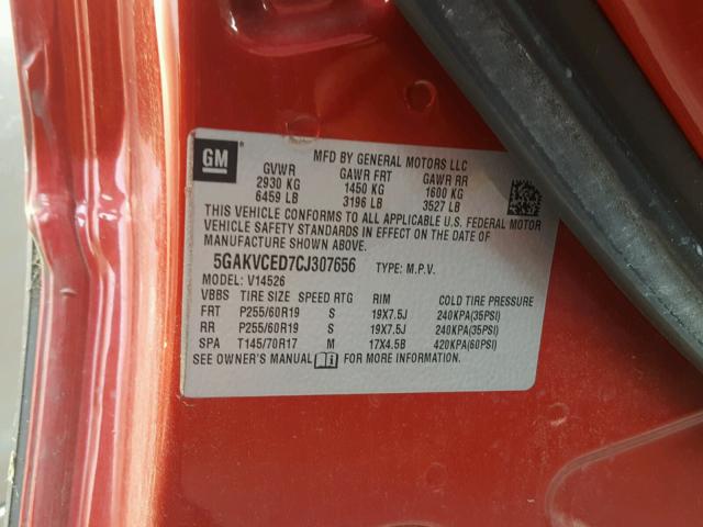 5GAKVCED7CJ307656 - 2012 BUICK ENCLAVE RED photo 10