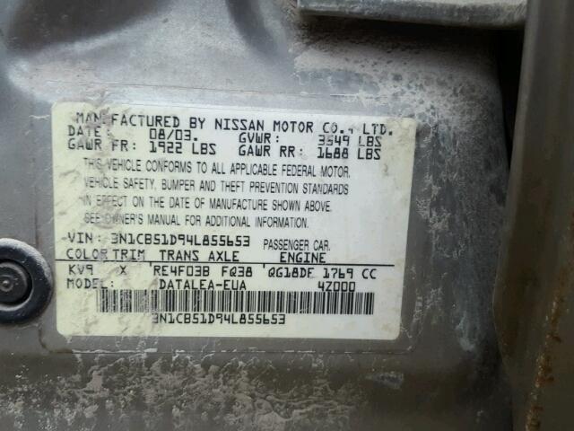 3N1CB51D94L855653 - 2004 NISSAN SENTRA 1.8 GRAY photo 10