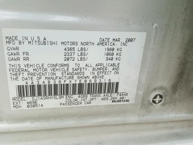 4A3AB36FX7E069316 - 2007 MITSUBISHI GALANT ES CREAM photo 10