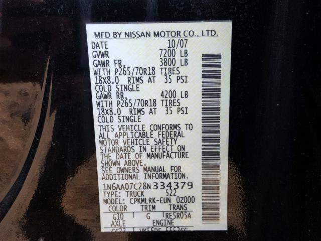 1N6AA07C28N334379 - 2008 NISSAN TITAN XE BLACK photo 10