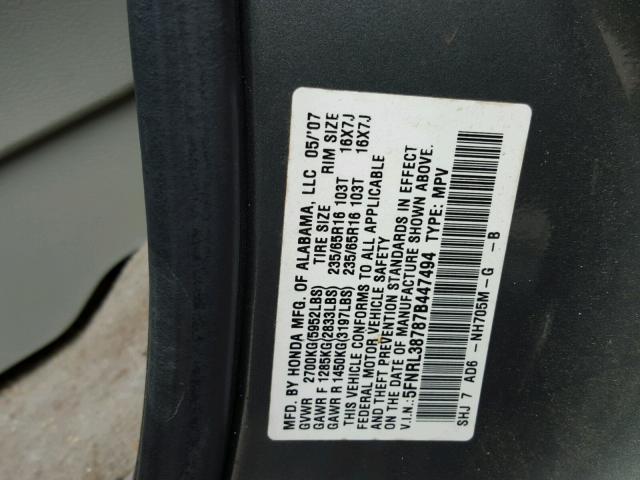 5FNRL38787B447494 - 2007 HONDA ODYSSEY EX GREEN photo 10