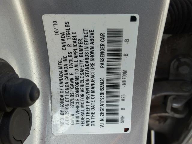 2HGFA1F95BH522836 - 2011 HONDA CIVIC EXL ვერცხლისფერი ფოტო 10