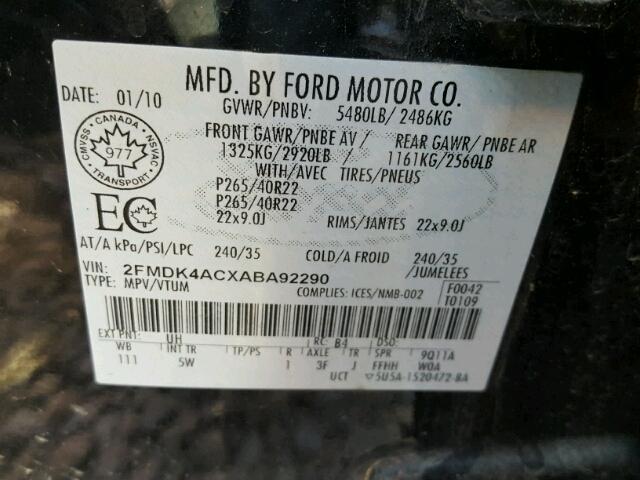 2FMDK4ACXABA92290 - 2010 FORD EDGE SPORT BLACK photo 10