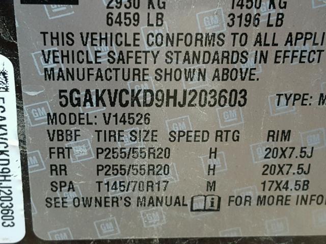 5GAKVCKD9HJ203603 - 2017 BUICK ENCLAVE BROWN photo 10