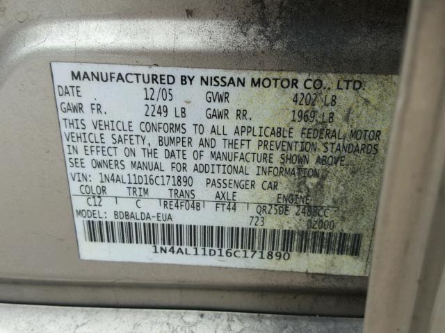 1N4AL11D16C171890 - 2006 NISSAN ALTIMA S GOLD photo 10