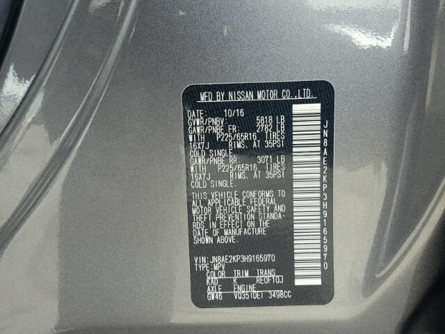 JN8AE2KP3H9165970 - 2017 NISSAN QUEST GRAY photo 10