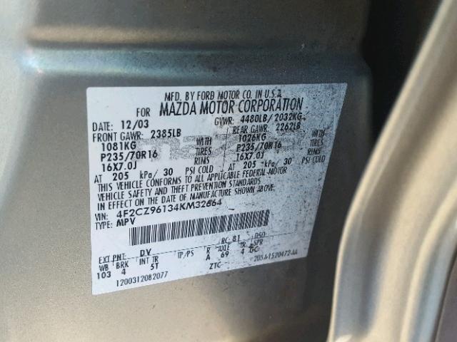 4F2CZ96134KM32664 - 2004 MAZDA TRIBUTE ES 绿色 照片 10