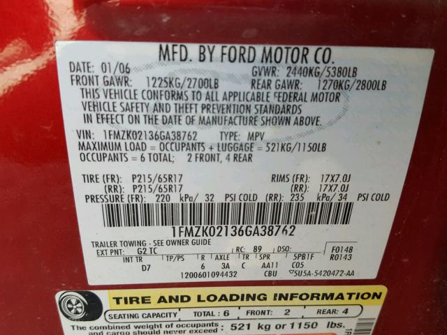 1FMZK02136GA38762 - 2006 FORD FREESTYLE RED photo 10