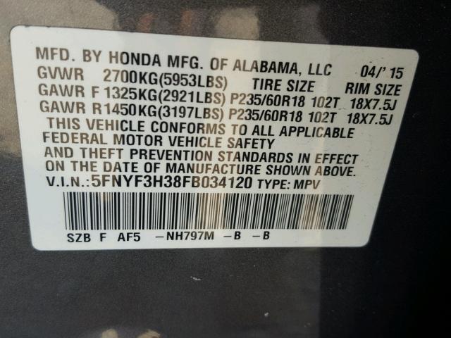 5FNYF3H38FB034120 - 2015 HONDA PILOT SE GRAY photo 10